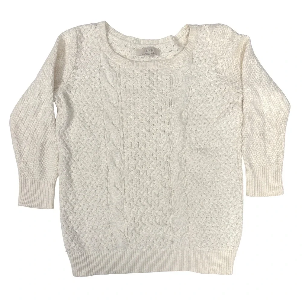 LOFT Cable Knit Sweater Cream Wool Rabbit Hair Blend Womens M 3/4 Length Sleeve